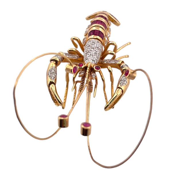 Lustrous Flex Ruby & Natural Diamond Lobster Brooch in 14K Yellow Gold