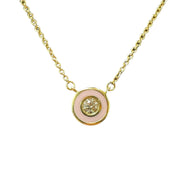 14K Yellow Gold & Pink Enamel Diamond Round Pendant Necklace