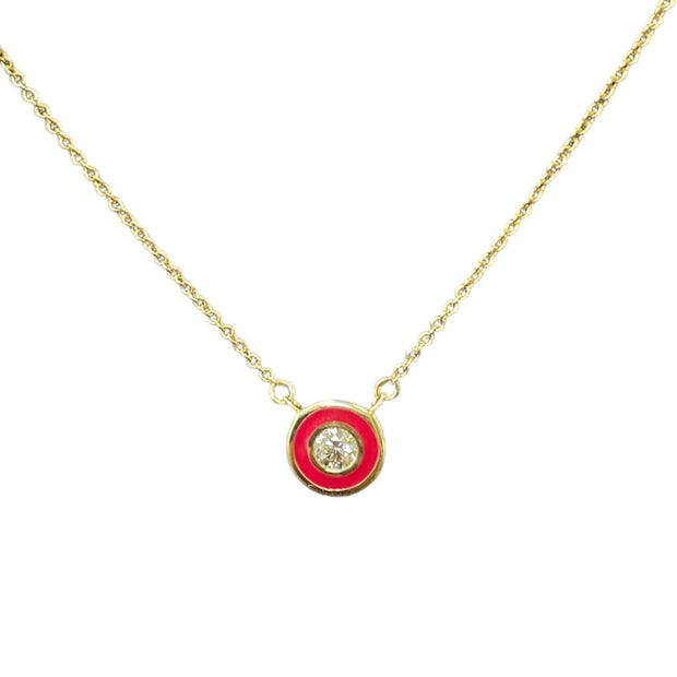 14K Yellow Gold & Red Enamel Diamond Round Necklace
