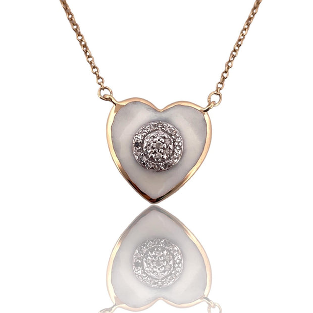14K Yellow Gold & White Enamel Natural Diamond Heart Necklace