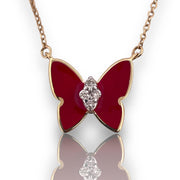 14K Yellow Gold & Red Enamel Diamond Butterfly Necklace