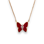 14K Yellow Gold & Red Enamel Diamond Butterfly Necklace