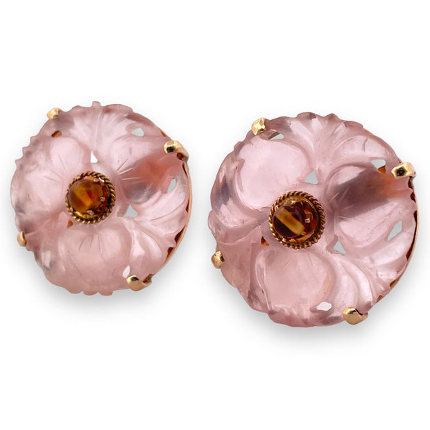 Elegant Rosy Pink Quartz Round Clip-On Earrings in 14K Yellow Gold