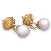 Elegant 18k Yellow Gold Floral Large Pearl Dangle Earrings - Exquisite Jewelry