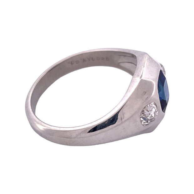 Antique Inspired Platinum Blue Sapphire and White Diamond Ring