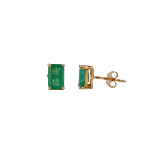 1 to 1.05 Ct Emerald Gemstone Stud Earrings - 14K Yellow Gold