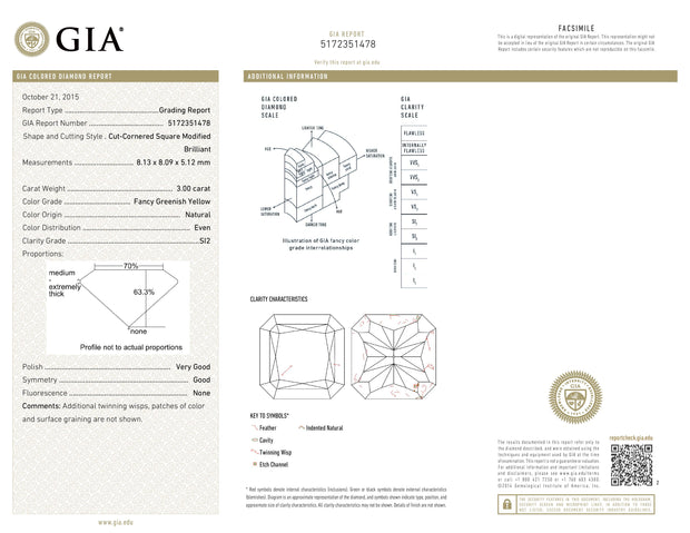 GIA Certified 3.00 Carat Fancy Greenish Yellow Square Modified Brilliant Diamond Ring