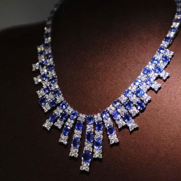Blue Sapphire Necklace - Oval 89.60 Carat. - 18K White Gold