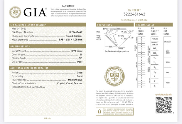 GIA Certified 0.91CT D SI1 Round Brilliant Loose Diamond