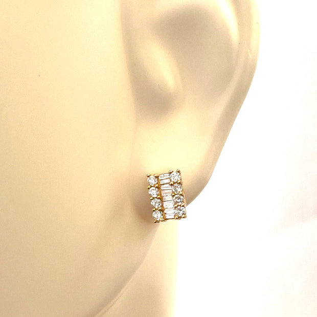 Classic 18K Yellow/Gold Round and Baguette Diamond Stud Earrings