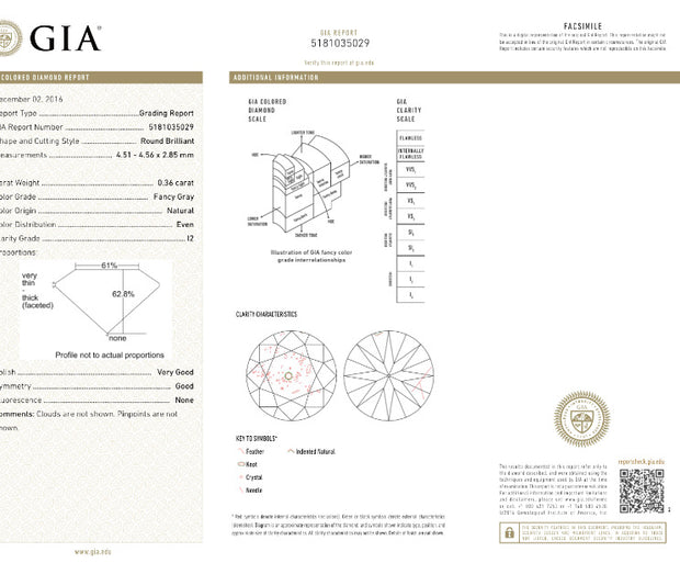 GIA Certified 0.36CT Round Brilliant Fancy Grey Diamond