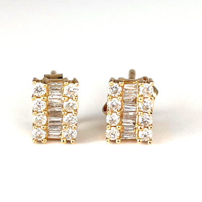 Classic 18K Yellow/Gold Round and Baguette Diamond Stud Earrings