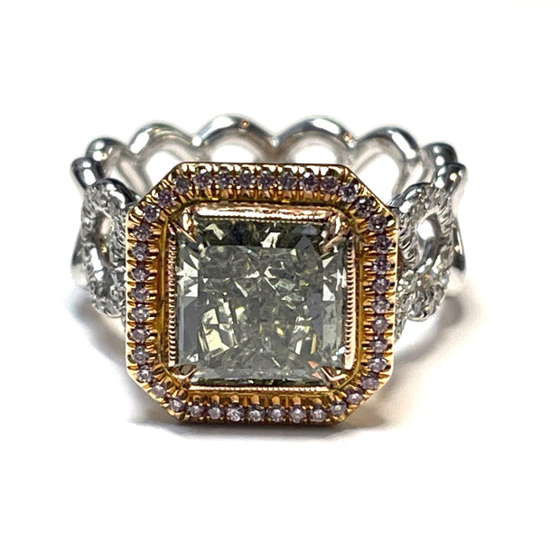 GIA Certified 3.00 Carat Fancy Greenish Yellow Square Modified Brilliant Natural Diamond Ring