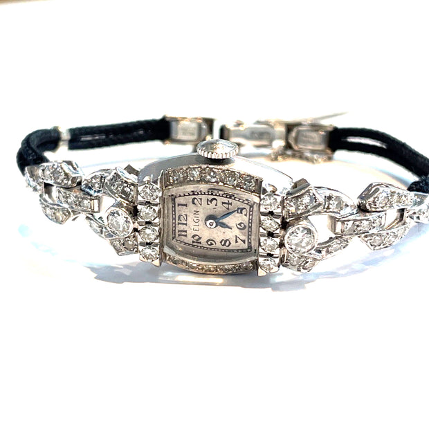 14k White Gold Elgin Watch with 1 Carat Round Brilliant Natural Diamonds