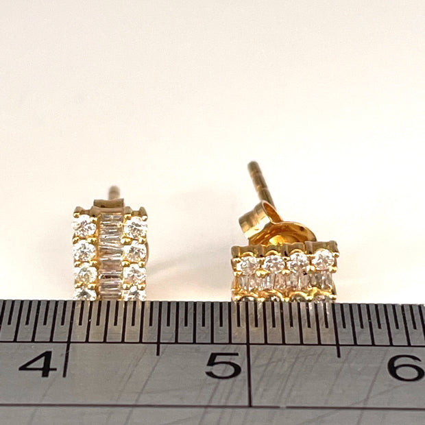 Classic 18K Yellow/Gold Round and Baguette Diamond Stud Earrings