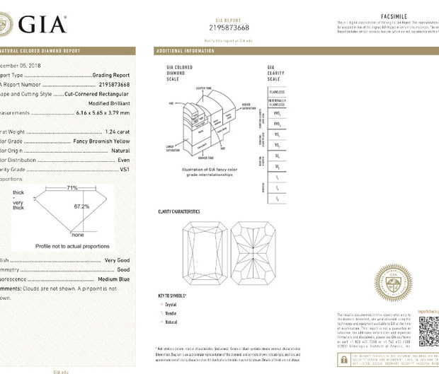 GIA Certified 1.24Carat Fancy Brownish Yellow VS1 Radiant Cut Natural Diamond